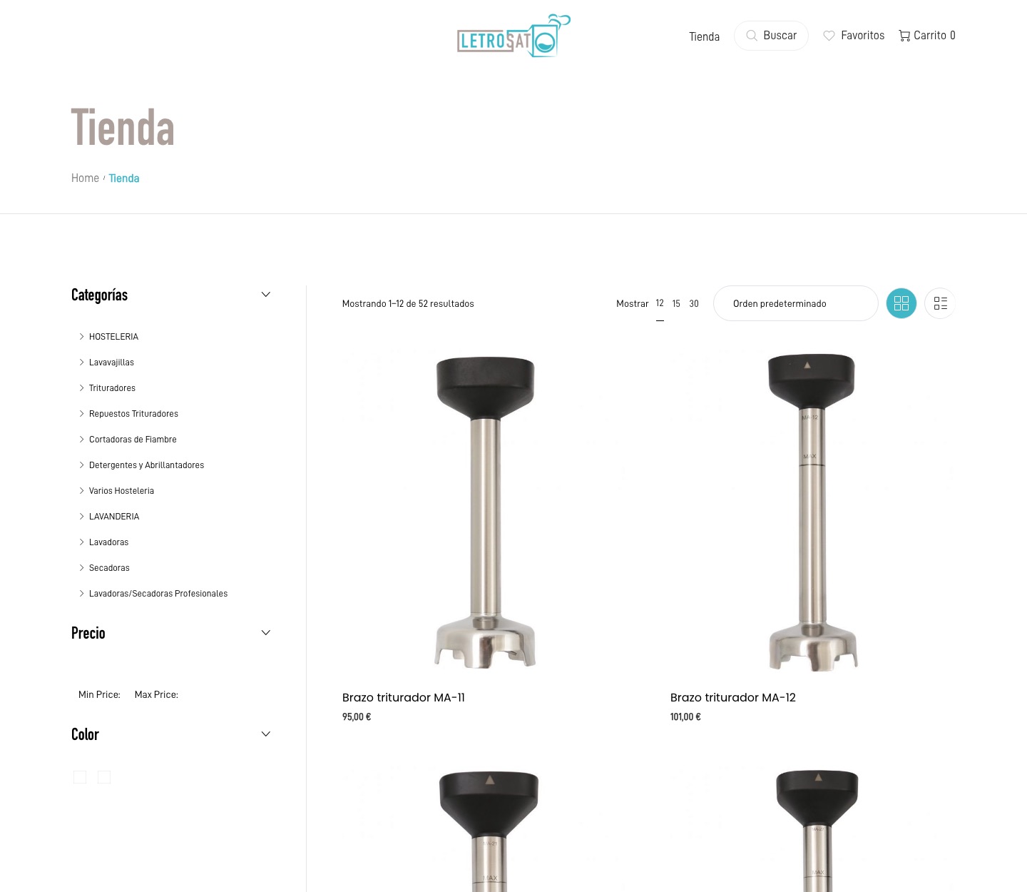 Letrosat online store: hospitality and laundry categories and priced products